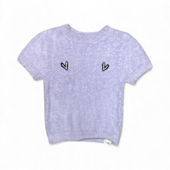 Forever 21 Light Purple Y2K Fuzzy Sweater Short Sleeve Top Heart Embroidery SM - Picture 1 of 3